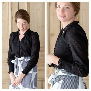 Heartloom Petra Puff Sleeve Swiss Dot Top Smocked Ruffle V-Neck Black Women's XS